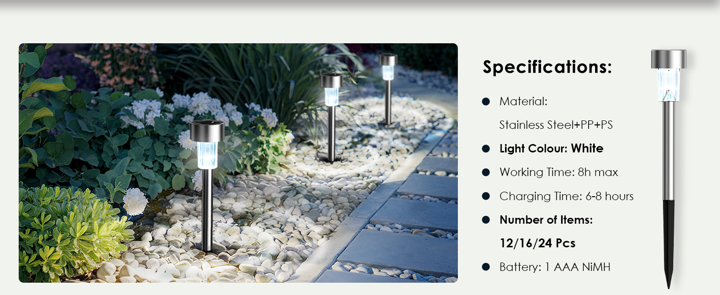 Outdoor garden pathway lined with solar-powered landscape lights, accompanied by product specifications panel.