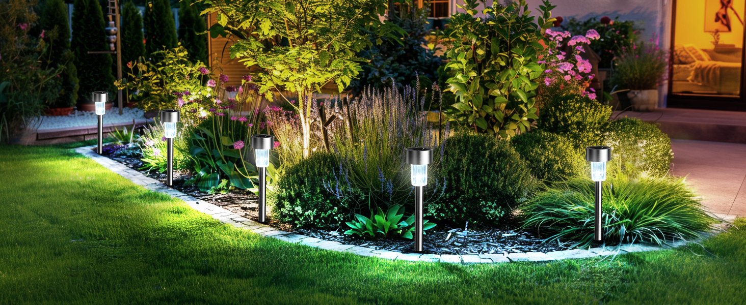 Outdoor garden pathway illuminated with white LED landscape lights, showing multiple evening scenes with decorative lighting effects.