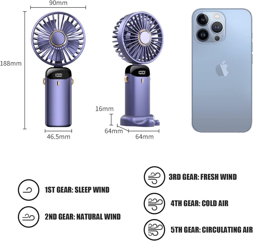 Jsdoin Hand Held Fan,Portable Handheld USB Rechargeable Fans with 5 Speeds,Battery Operated Mini Fan Foldable Desk Desktop Fans with LED Display for Home Office Bedroom Outdoor Travel (DarkBlue) - Image 25