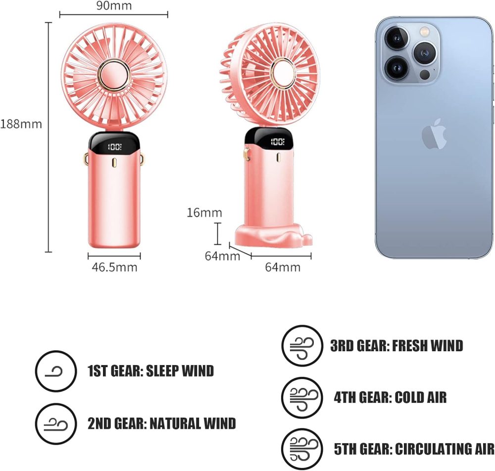 Jsdoin Hand Held Fan,Portable Handheld USB Rechargeable Fans with 5 Speeds,Battery Operated Mini Fan Foldable Desk Desktop Fans with LED Display for Home Office Bedroom Outdoor Travel (DarkBlue) - Image 4