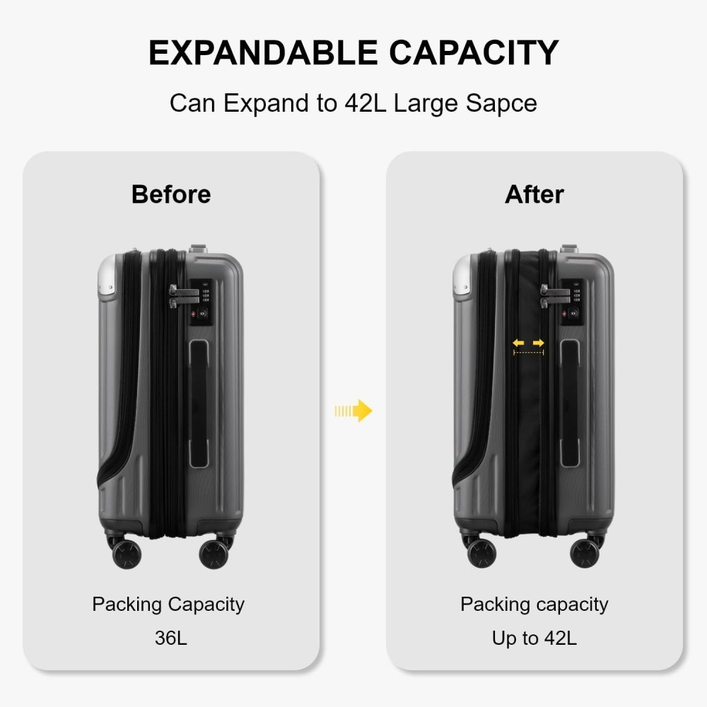 LEVEL8 Carry-on Suitcase 20-Inch with Laptop Compartment, Expandable Hand Luggage Case, ABS+PC Hardshell Spinner Trolley Lightweight 4 Wheels Cabin Size with TSA, Grey - Image 102