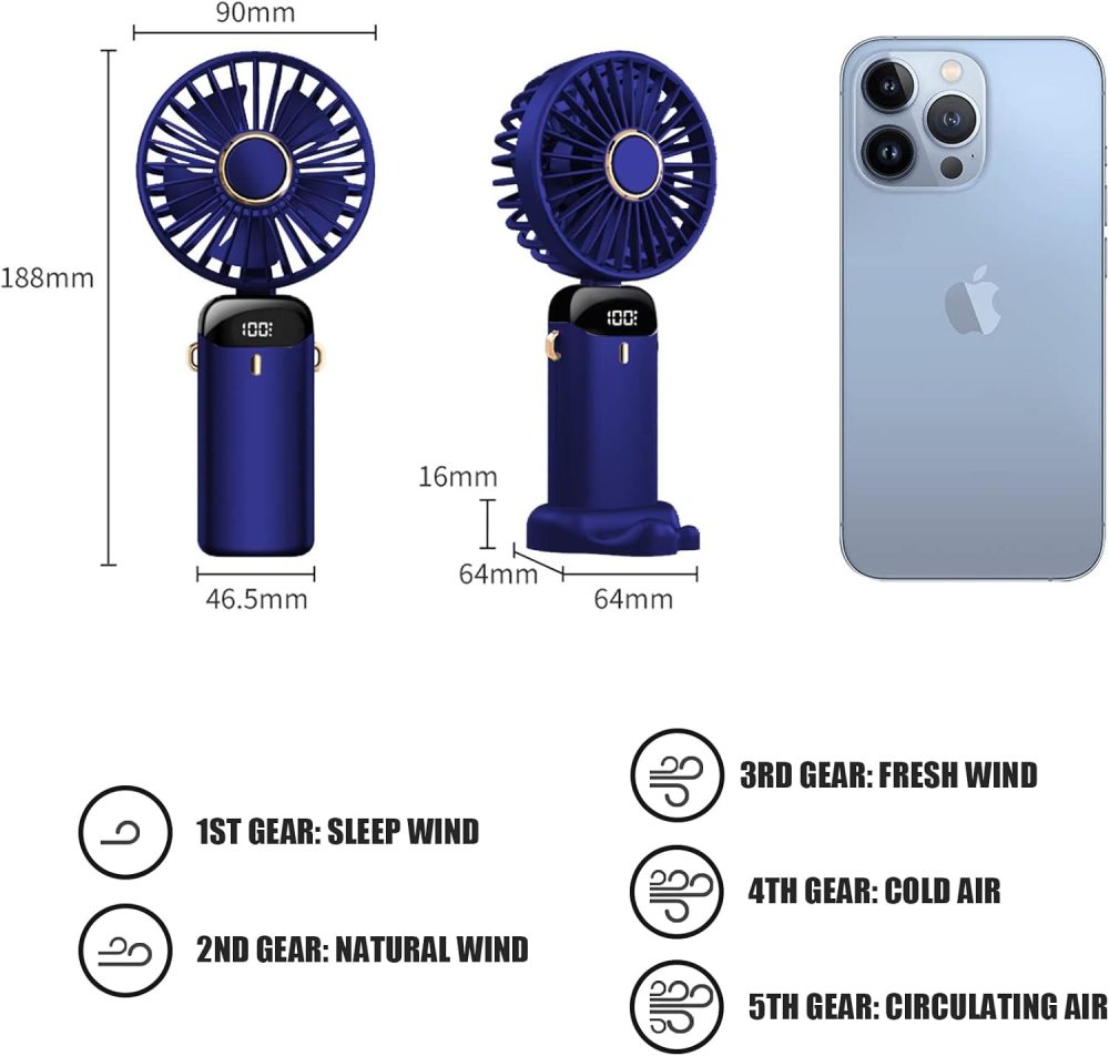 Jsdoin Hand Held Fan,Portable Handheld USB Rechargeable Fans with 5 Speeds,Battery Operated Mini Fan Foldable Desk Desktop Fans with LED Display for Home Office Bedroom Outdoor Travel (DarkBlue) - Image 18
