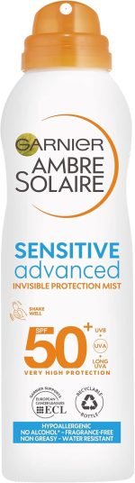 Garnier Ambre Solaire SPF 50+ Sensitive Advanced Dry Mist Sun Cream Spray, Water Resistant & Non Greasy Sunscreen, Fragrance Free, UVA & UVB Protection, Approved by Cruelty Free International, 150ml