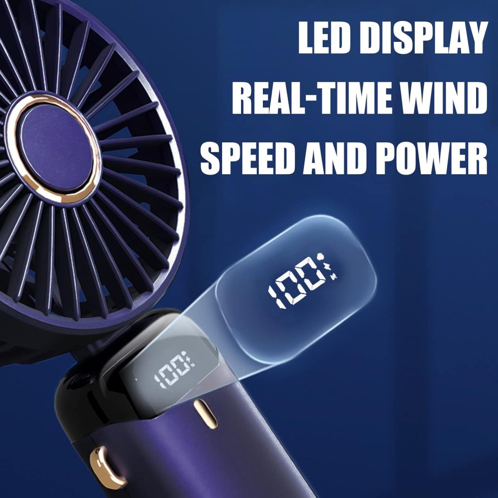 Jsdoin Hand Held Fan,Portable Handheld USB Rechargeable Fans with 5 Speeds,Battery Operated Mini Fan Foldable Desk Desktop Fans with LED Display for Home Office Bedroom Outdoor Travel (DarkBlue) - Image 16