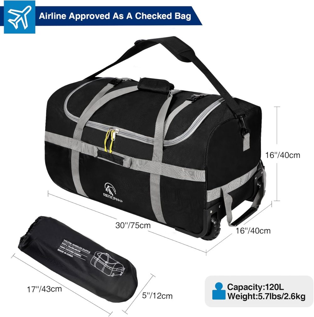 REDCAMP 120L Extra Large Holdall with Wheels, Foldable Wheeled Duffle Bag Travel Bag,Lightweight Waterproof Soft Suitcase Luggage with Rollers for Camping Sports Outdoor, Black - Image 54