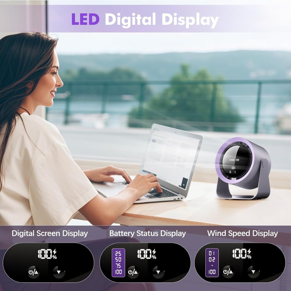 yokye Desk Fan, USB Desktop Fan with LED Display & Long Battery Life, 100 Speeds, 90° Adjustable Head Tilt, 3-in-1 Powerful Table Fan for Bedroom, Kitchen, Office, Home,Camping (Dark Gray) - Image 8