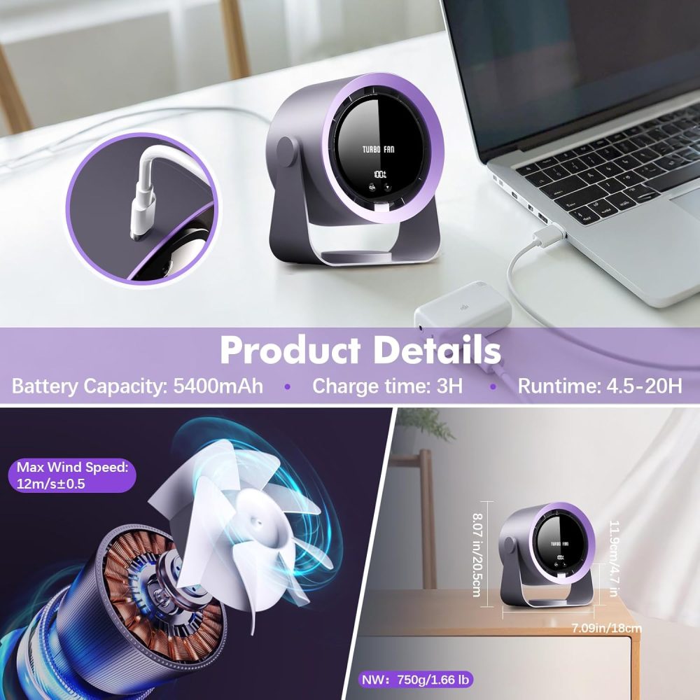 yokye Desk Fan, USB Desktop Fan with LED Display & Long Battery Life, 100 Speeds, 90° Adjustable Head Tilt, 3-in-1 Powerful Table Fan for Bedroom, Kitchen, Office, Home,Camping (Dark Gray) - Image 10