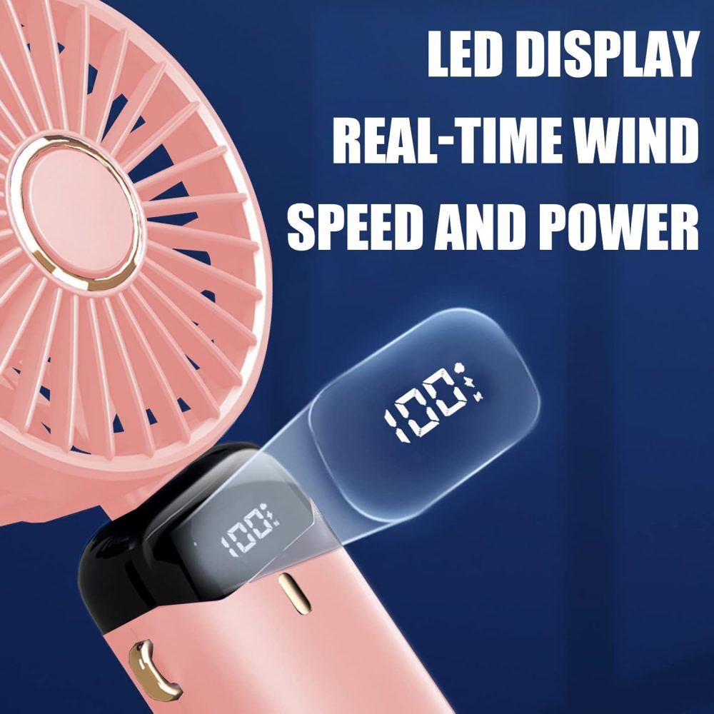 Jsdoin Hand Held Fan,Portable Handheld USB Rechargeable Fans with 5 Speeds,Battery Operated Mini Fan Foldable Desk Desktop Fans with LED Display for Home Office Bedroom Outdoor Travel (DarkBlue) - Image 2