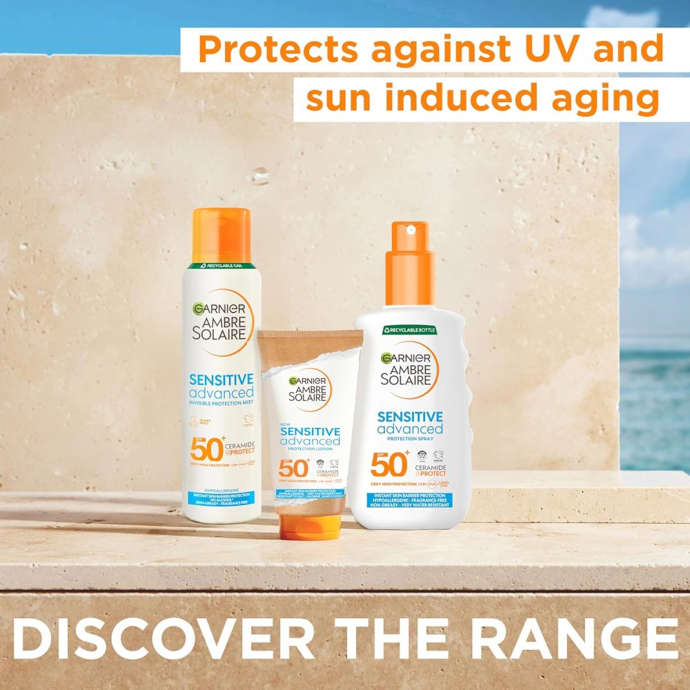 Garnier Ambre Solaire SPF 50+ Sensitive Advanced Dry Mist Sun Cream Spray, Water Resistant & Non Greasy Sunscreen, Fragrance Free, UVA & UVB Protection, Approved by Cruelty Free International, 150ml - Image 15