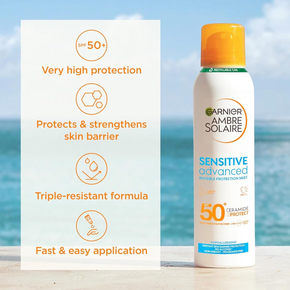 Garnier Ambre Solaire SPF 50+ Sensitive Advanced Dry Mist Sun Cream Spray, Water Resistant & Non Greasy Sunscreen, Fragrance Free, UVA & UVB Protection, Approved by Cruelty Free International, 150ml - Image 9