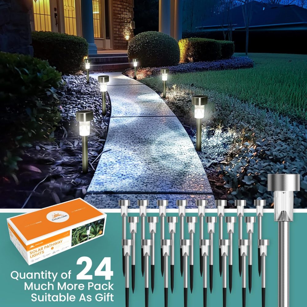 GIGALUMI Solar Lights Outdoor Garden Waterproof,12 Pack,Stainless Steel LED Solar Garden Lights for Patio, Lawn, Yard and Landscape Decor, Cold White - Image 26