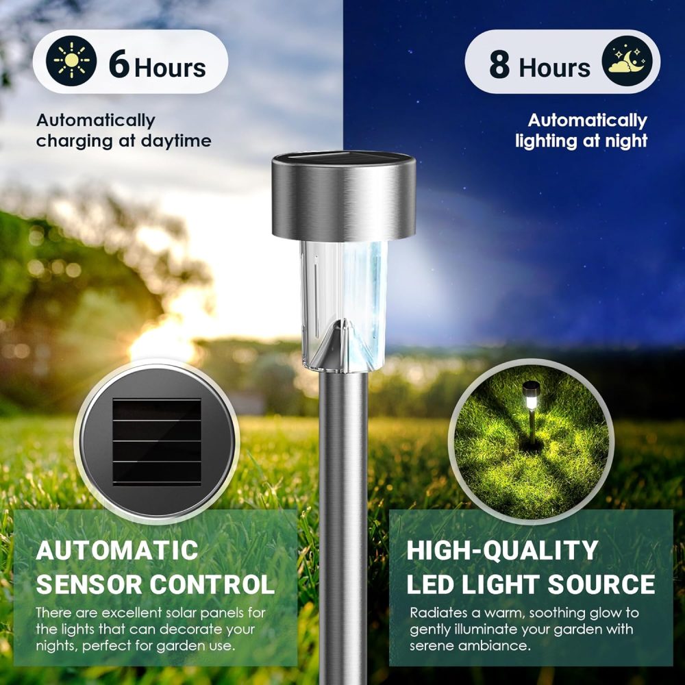 GIGALUMI Solar Lights Outdoor Garden Waterproof,12 Pack,Stainless Steel LED Solar Garden Lights for Patio, Lawn, Yard and Landscape Decor, Cold White - Image 5