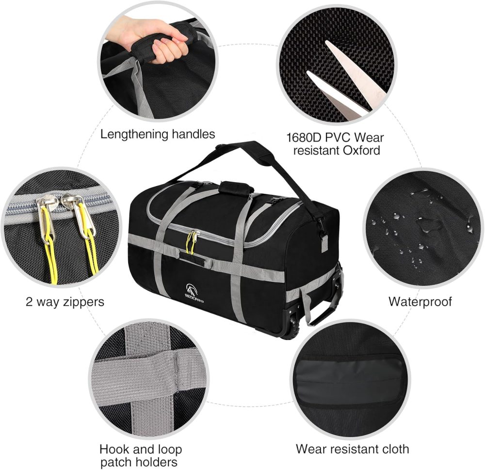 REDCAMP 120L Extra Large Holdall with Wheels, Foldable Wheeled Duffle Bag Travel Bag,Lightweight Waterproof Soft Suitcase Luggage with Rollers for Camping Sports Outdoor, Black - Image 55