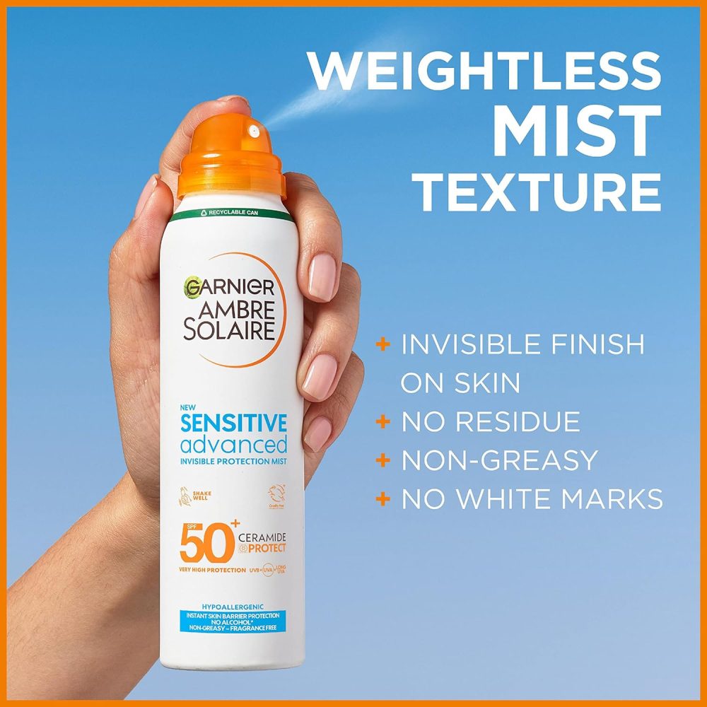 Garnier Ambre Solaire SPF 50+ Sensitive Advanced Dry Mist Sun Cream Spray, Water Resistant & Non Greasy Sunscreen, Fragrance Free, UVA & UVB Protection, Approved by Cruelty Free International, 150ml - Image 5