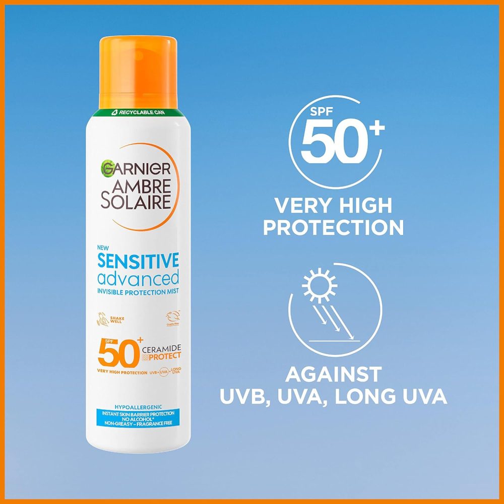 Garnier Ambre Solaire SPF 50+ Sensitive Advanced Dry Mist Sun Cream Spray, Water Resistant & Non Greasy Sunscreen, Fragrance Free, UVA & UVB Protection, Approved by Cruelty Free International, 150ml - Image 6
