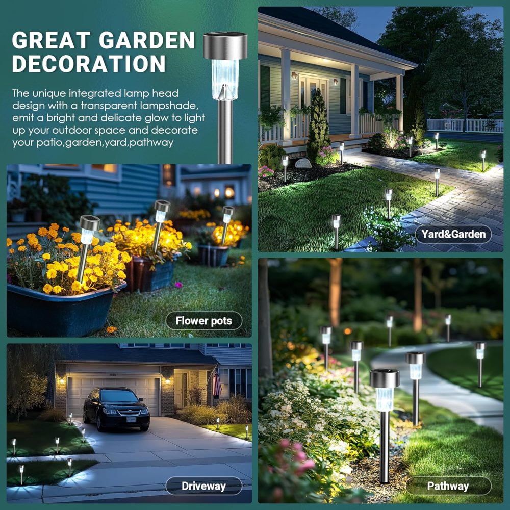 GIGALUMI Solar Lights Outdoor Garden Waterproof,12 Pack,Stainless Steel LED Solar Garden Lights for Patio, Lawn, Yard and Landscape Decor, Cold White - Image 2