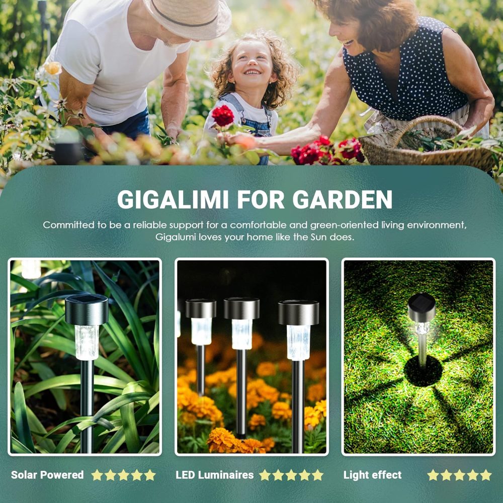 GIGALUMI Solar Lights Outdoor Garden Waterproof,12 Pack,Stainless Steel LED Solar Garden Lights for Patio, Lawn, Yard and Landscape Decor, Cold White - Image 9