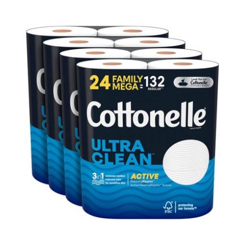 【Exclusive for new TK users】Cottonelle 24 Family Mega Rolls Ultra Clean Toilet Paper with Active CleaningRipples Texture (24 Family Mega Rolls = 132 Regular Rolls,388 Sheets per Roll)-toilet paper