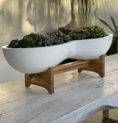 Infinity White Fiberglass Planter & Stand with Succulents
