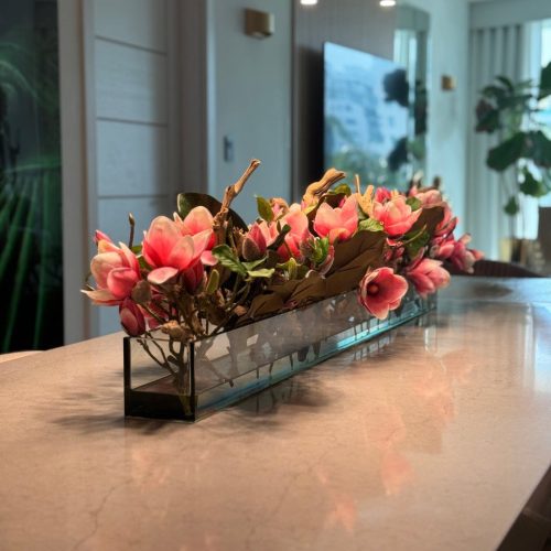 Casa Moderna Glass Planter with Bright Pink Magnolias and Driftwood