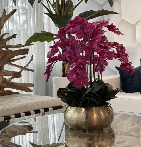 Pink Phalaenopsis Orchids In Gold Metal Bowie Bowl(Out of Stock)