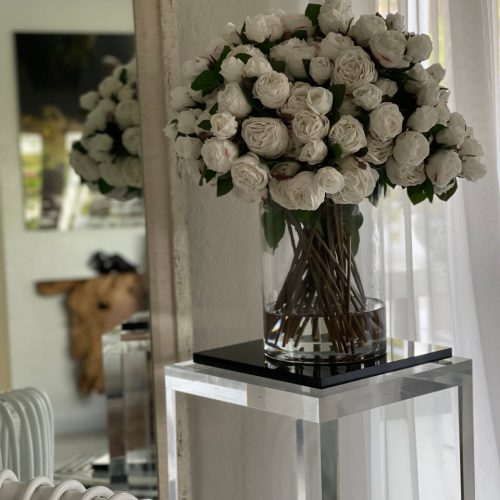 White English Roses in 16″ Glass Rota Vase
