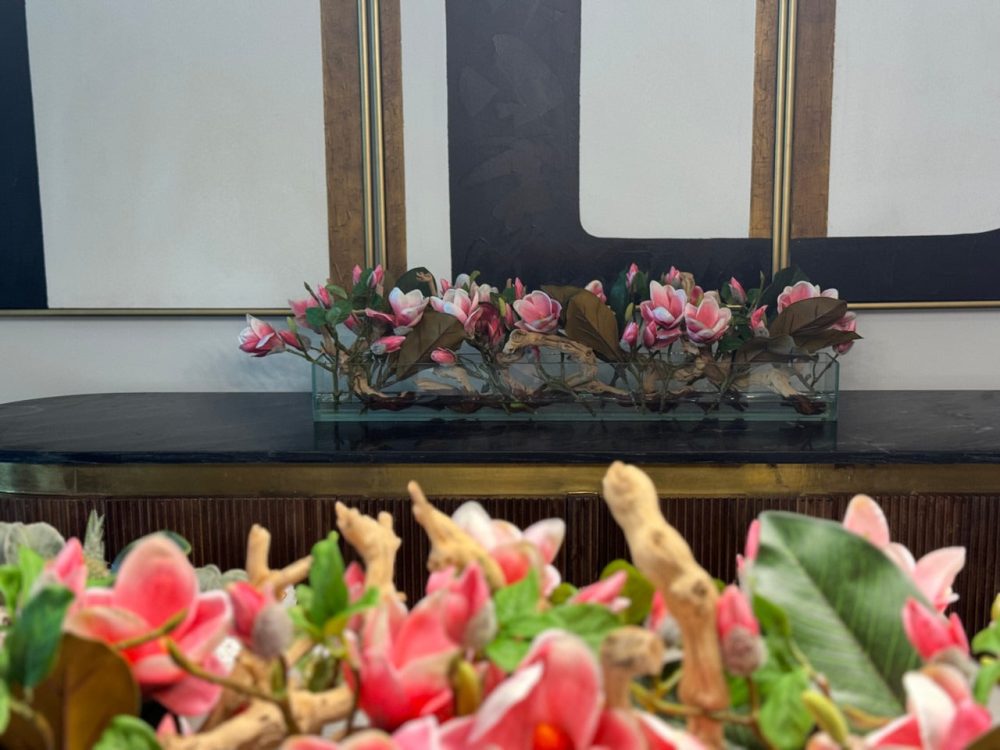 Casa Moderna Glass Planter with Bright Pink Magnolias and Driftwood - Image 6