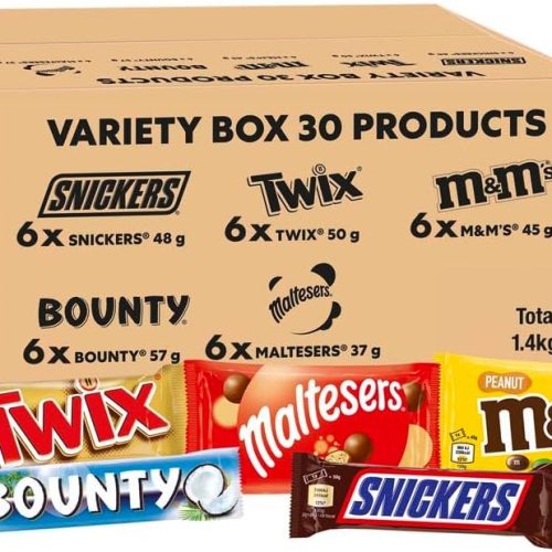 Mixed Bulk Chocolate Box, M&M's Peanuts, Snickers, Twix, Maltesers, Bounty, 1.4kg - 30 Full-Size- Milk Chocolate Bars & Bags, Ideal for Gift, Snacks, Hampers or Party Bags
