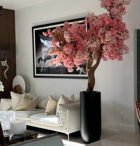 Matte Black St. Tropez Planter with Custom Made Pink Cherry Blossom Tree