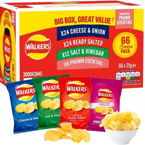 Crisps Variety Box | Pack of 66 x 25g - Big Box | Cheese & Onion, Ready Salted, Salt & Vinegar, Prawn Cocktail