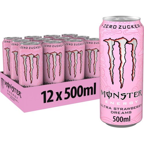 Monster Energy Ultra Strawberry Dreams - Caffeinated Energy Drink with Sweetish and Sour Strawberry Flavour - No Sugar, No Calories - in Practical Disposable Tins (12 x 500 ml)