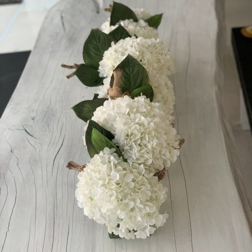 36″ Casa Moderna Glass Plate Planter with white Hydrangeas and Driftwood